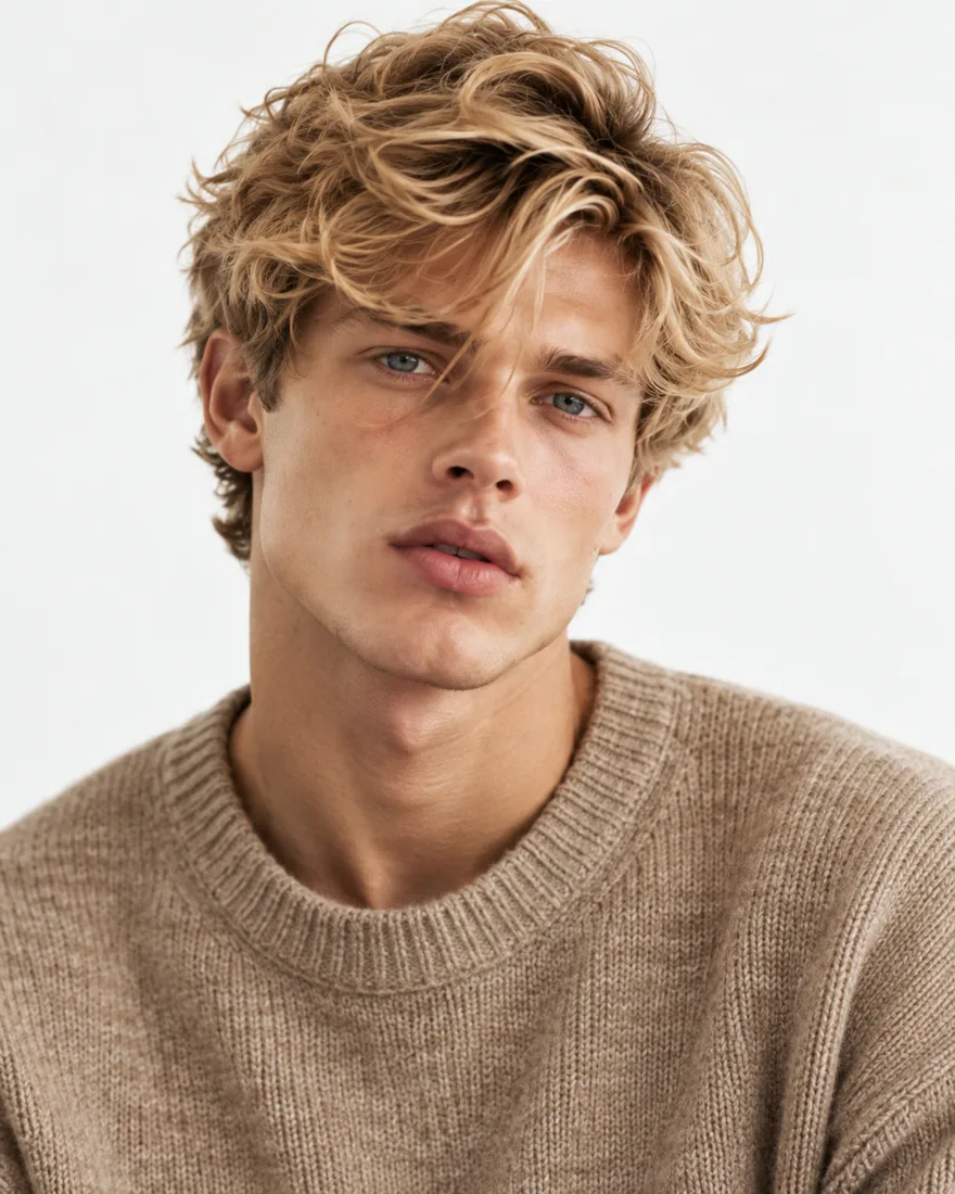 Guillaume in een beige trui